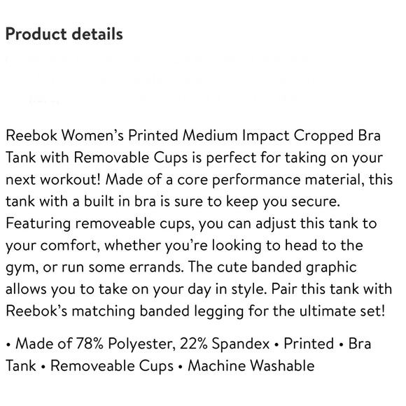 Reebok Women’s Printed Medium Support Cropped Bra Tank Size Small Medium Large - Picture 5 of 14